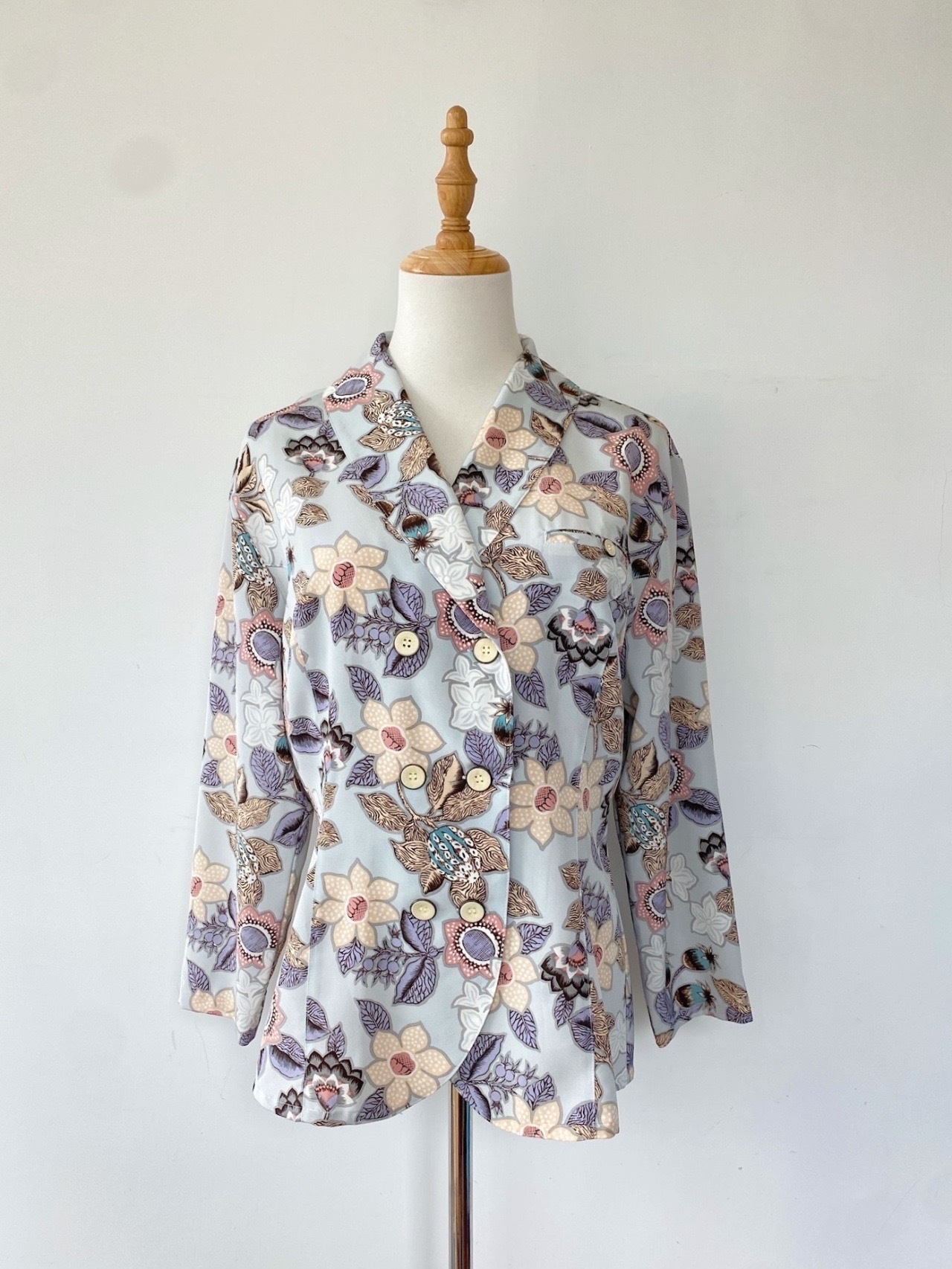 粉藍色可可花果開領古著上衣