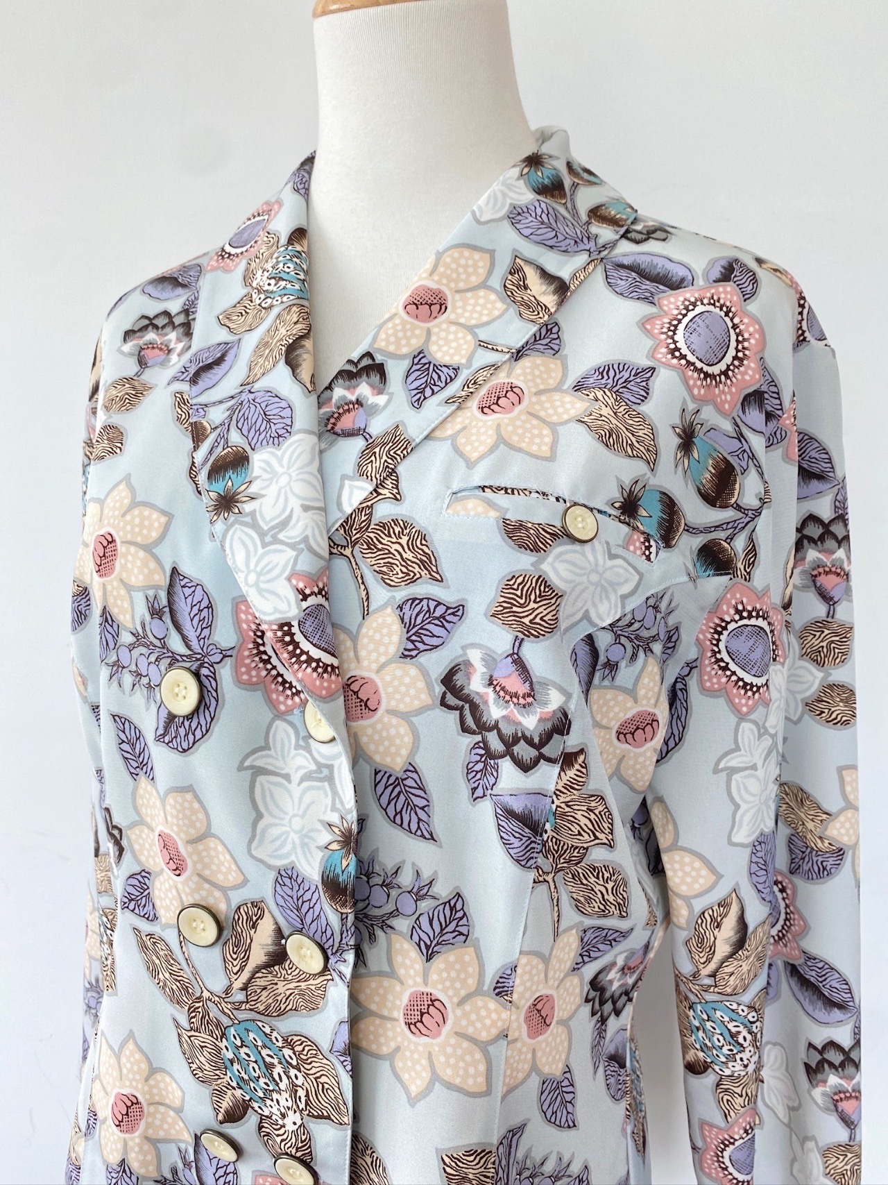 粉藍色可可花果開領古著上衣