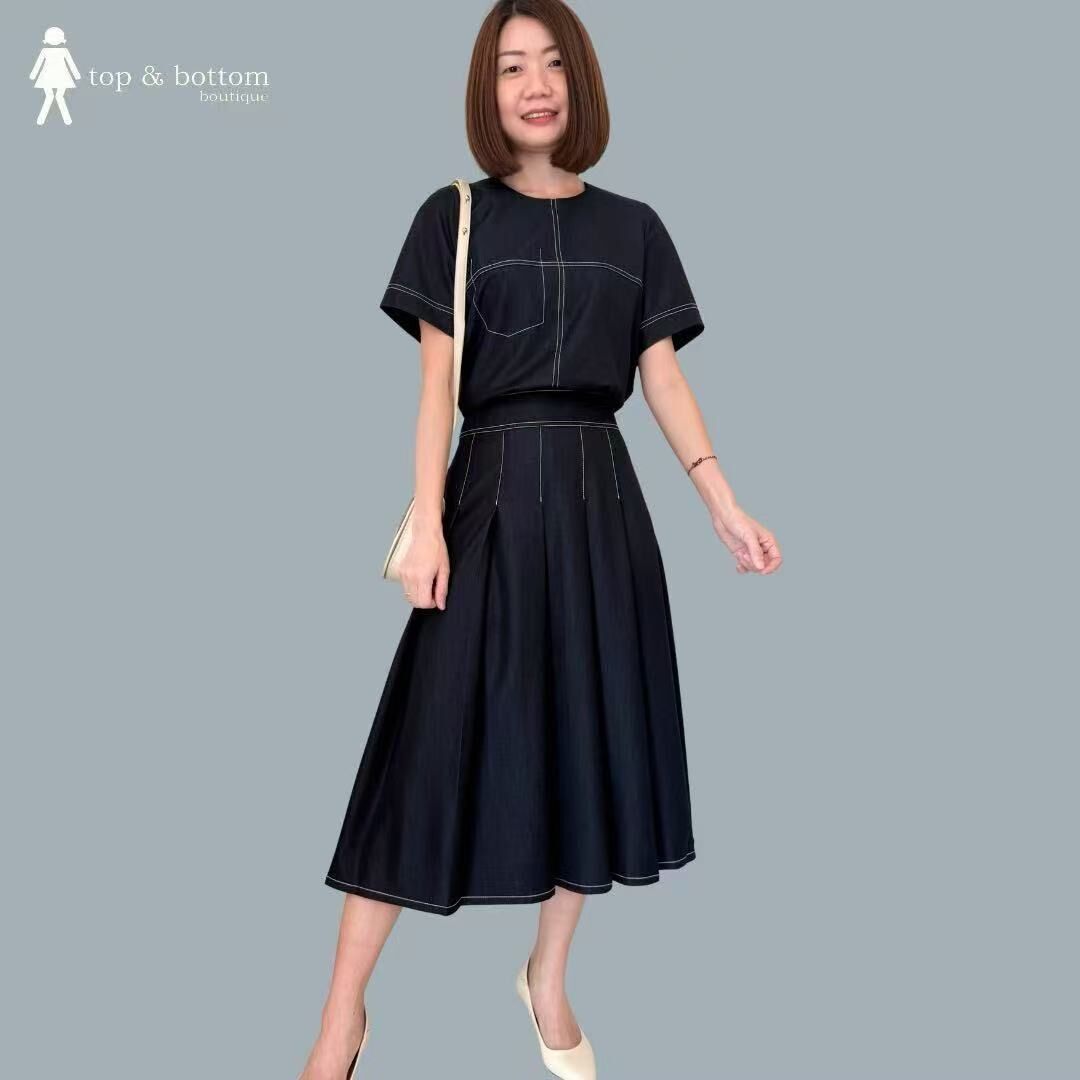 SHORT SLEEVE OUTLINED TOP & ALINE SKIRT SET SUIT (2PCS)