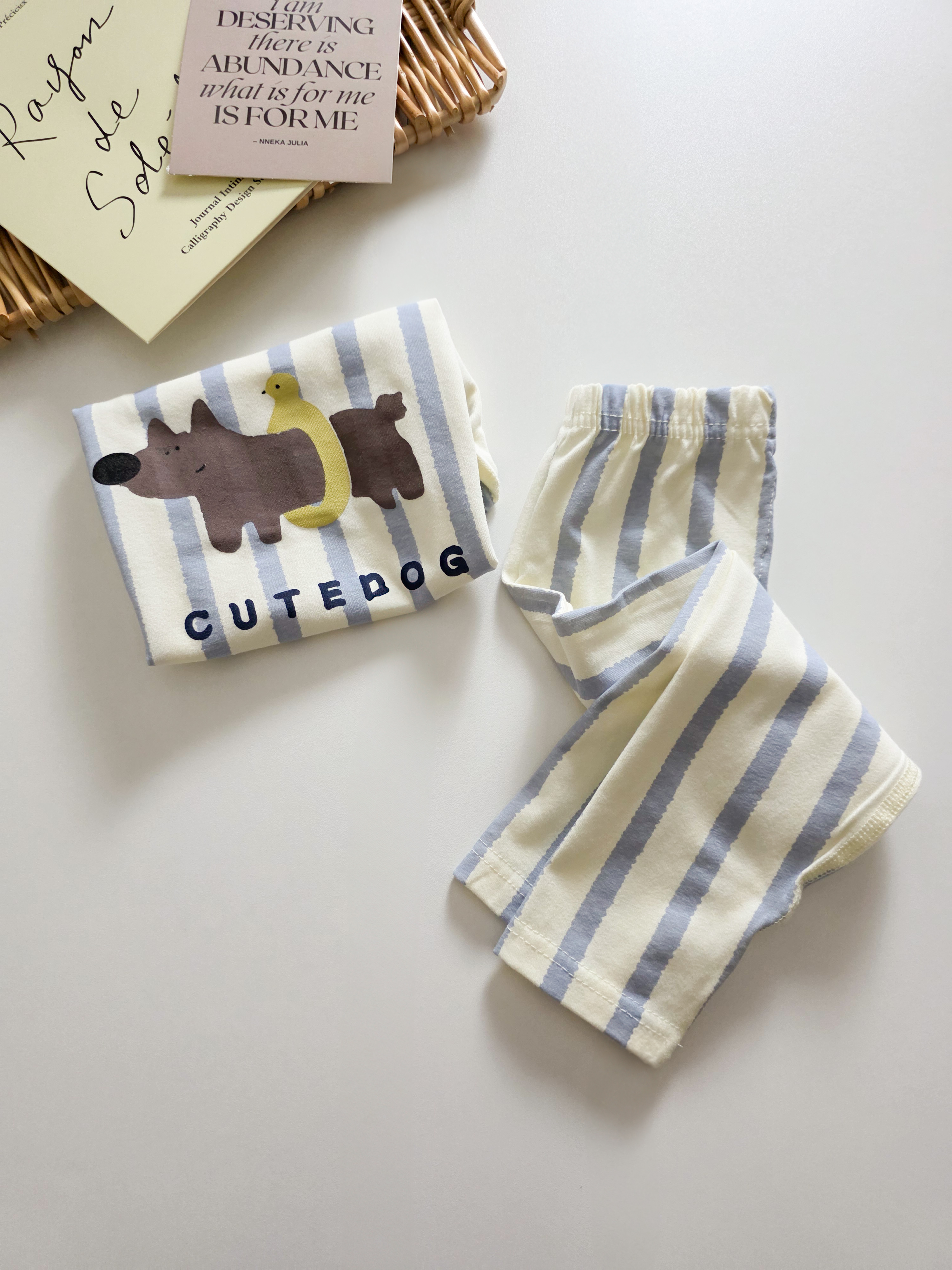 淡藍條紋狗 長袖居家套裝/睡衣