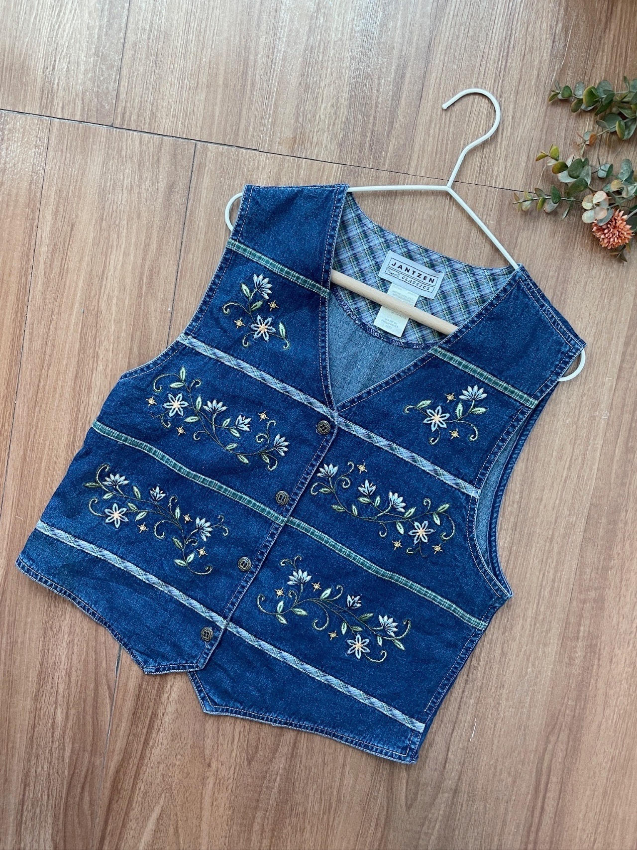 田園花葉刺繡牛仔馬甲