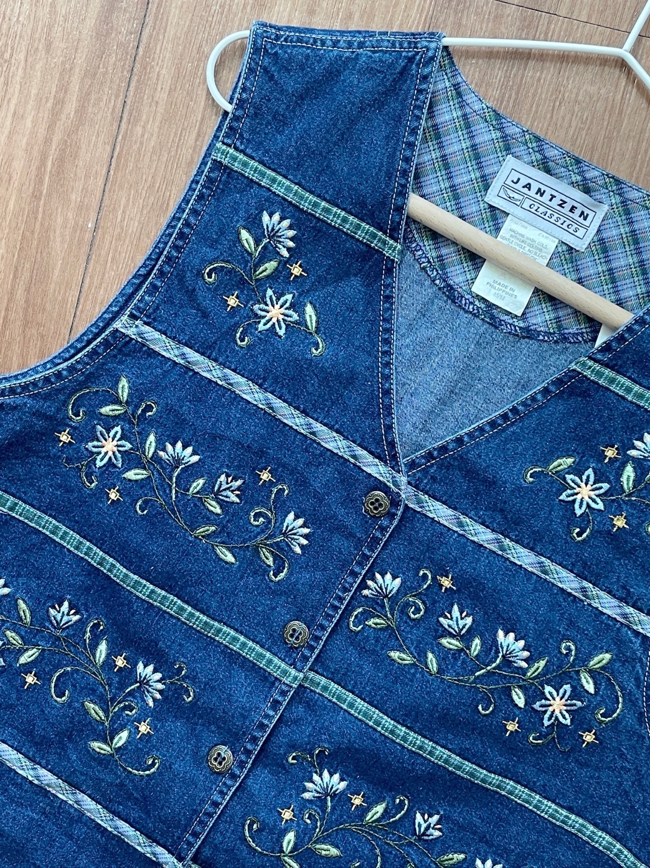 田園花葉刺繡牛仔馬甲