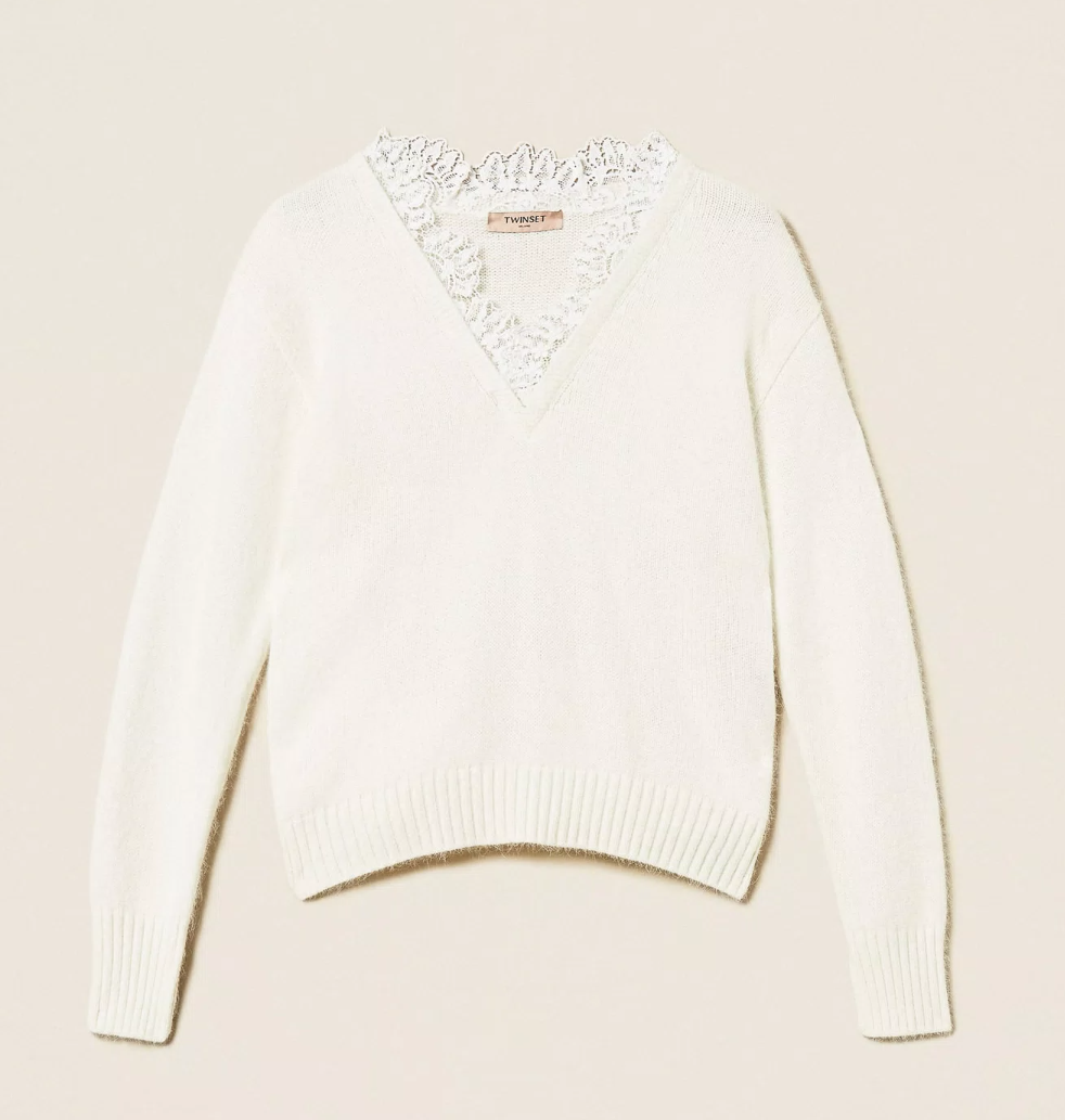 1TS1008-012 TWINSET Angora Blend Jumper with Lace Add to Wishlist White Snow #252TT3380 (C-K11-E)