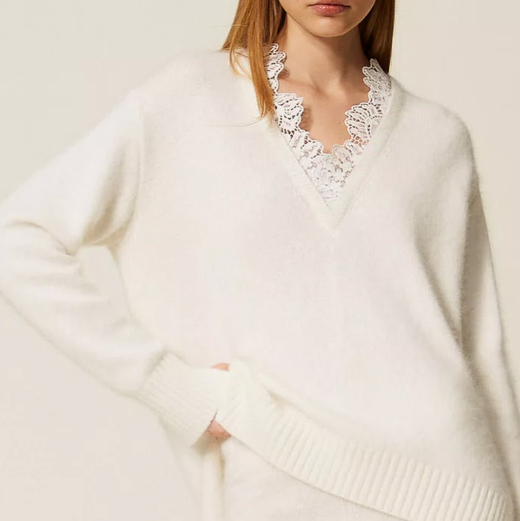 1TS1008-012 TWINSET Angora Blend Jumper with Lace Add to Wishlist White Snow #252TT3380 (C-K11-E)