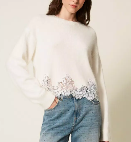 1TS1008-014 TWINSET Angora Jumper with Embroidery and Lace White Snow #252TT3381 (C-BO-E)