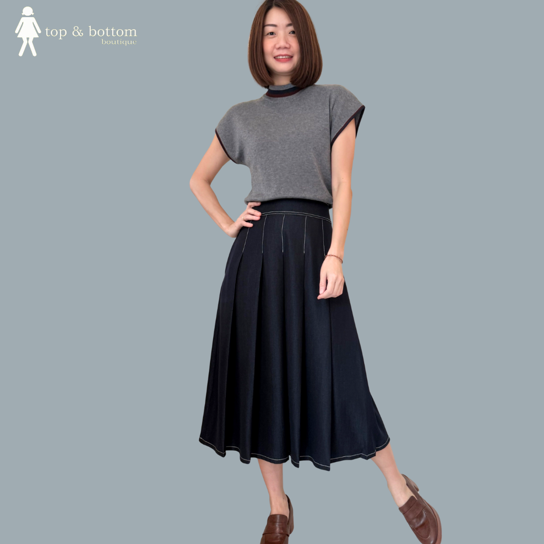 SHORT SLEEVE OUTLINED TOP & ALINE SKIRT SET SUIT (2PCS)