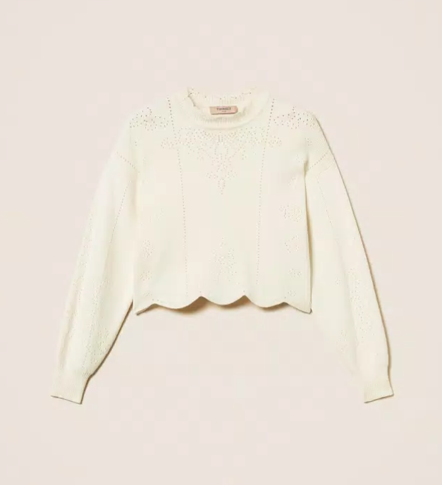 1TS1008-018 TWINSET Scalloped cropped jumper White Snow #252TT3210 (C-BO-E)