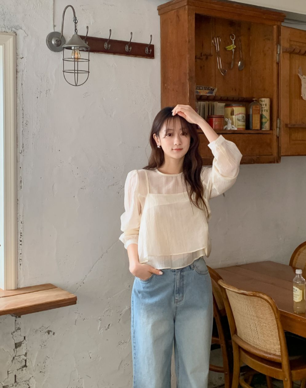 透視長袖吊帶套裝(黃色)