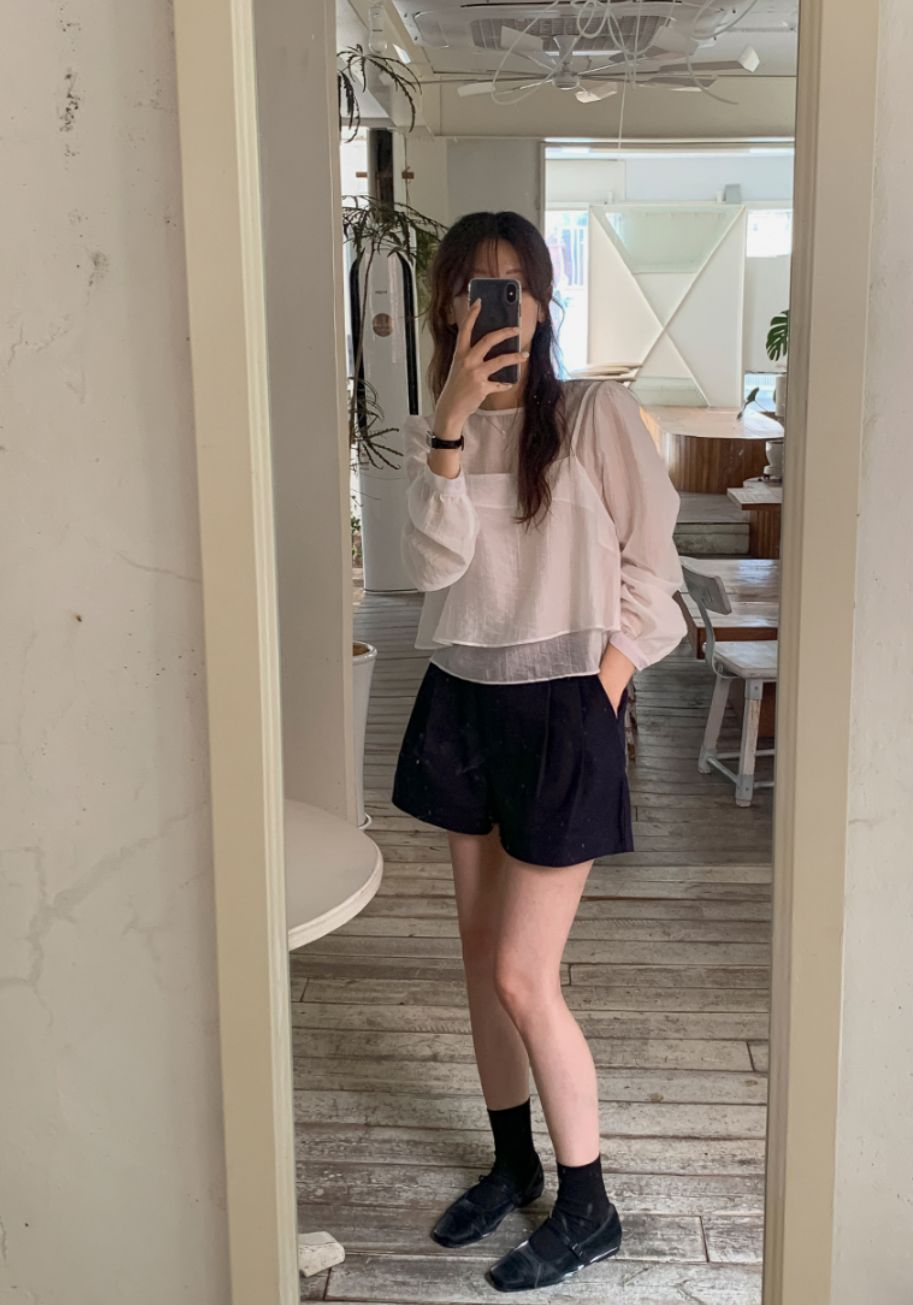 透視長袖吊帶套裝(米白色)