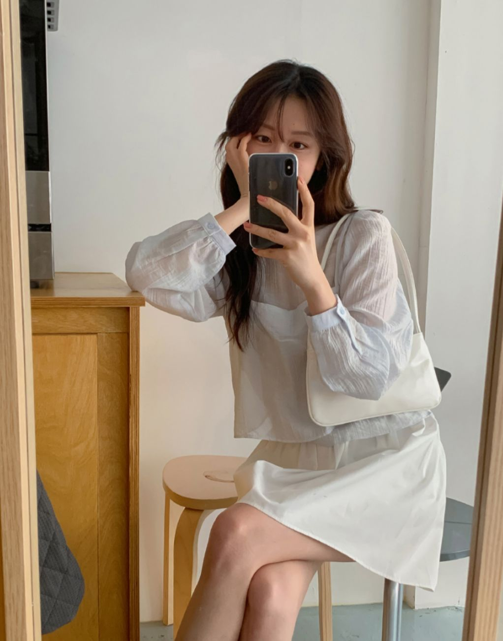 透視長袖吊帶套裝(粉藍色)