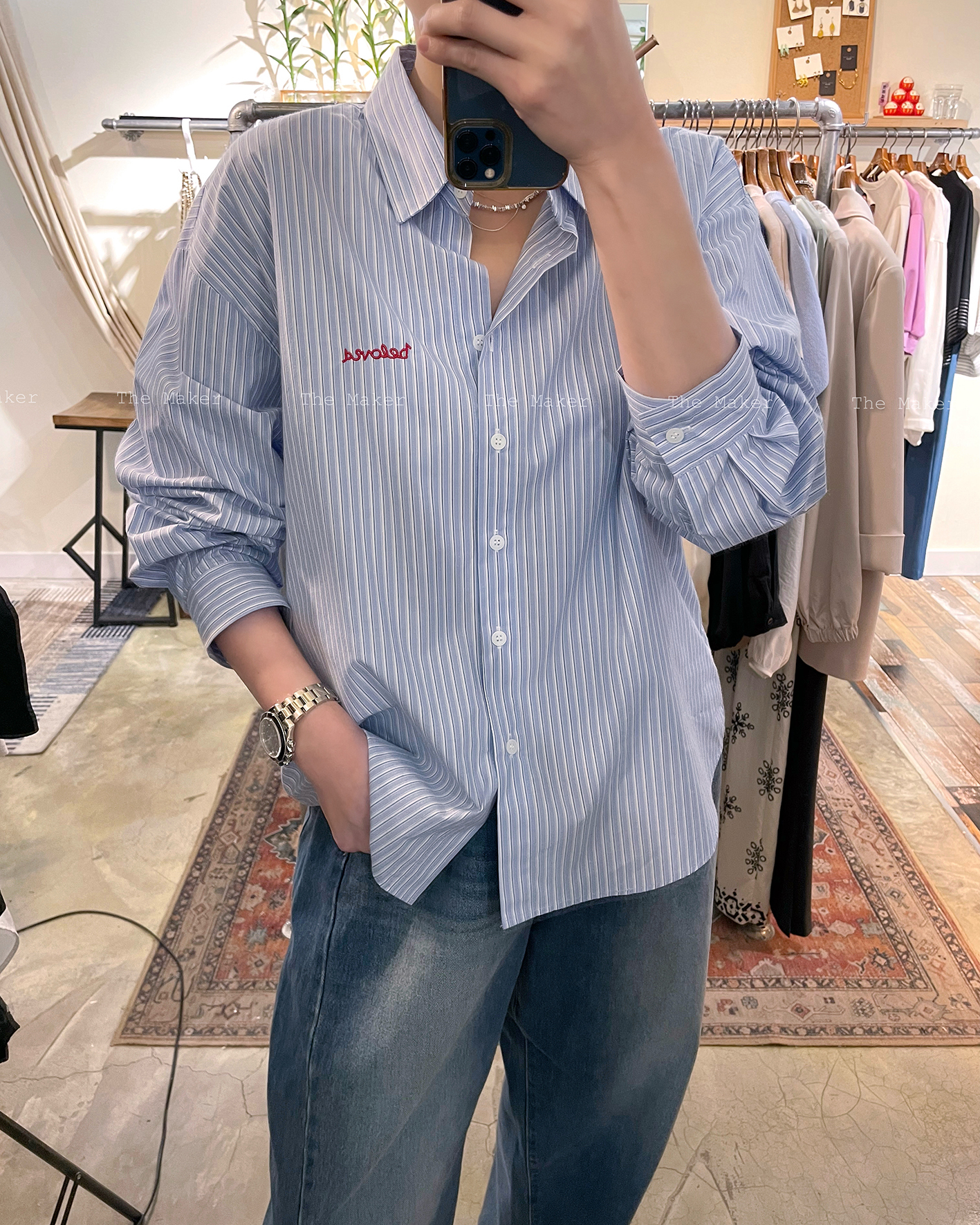 🩵 男友風”Beloved”繡字間條恤衫🩵
