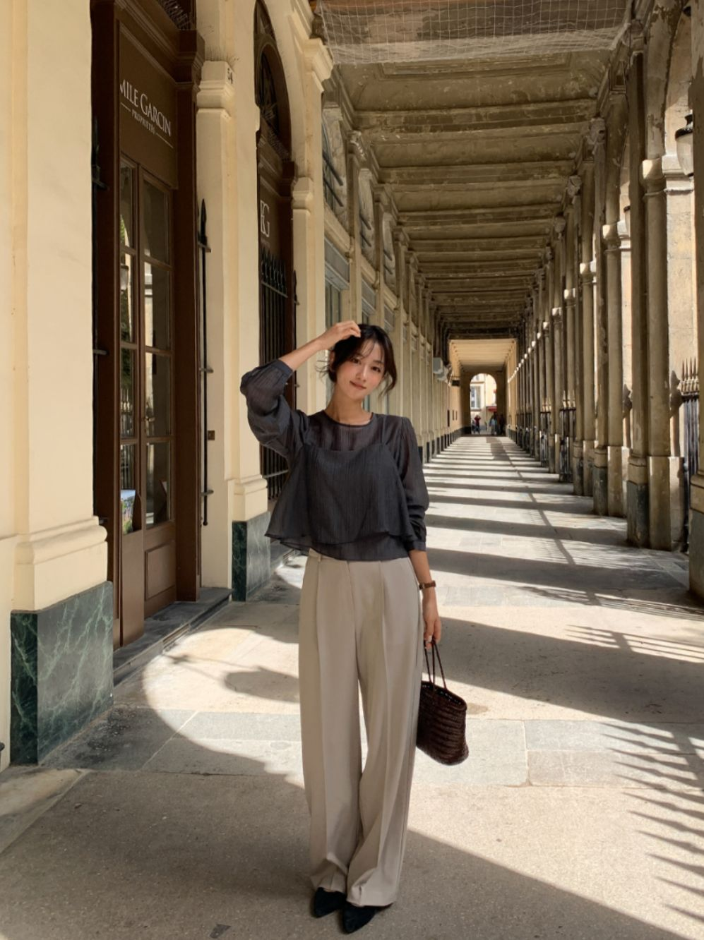 透視長袖吊帶套裝(炭灰色)