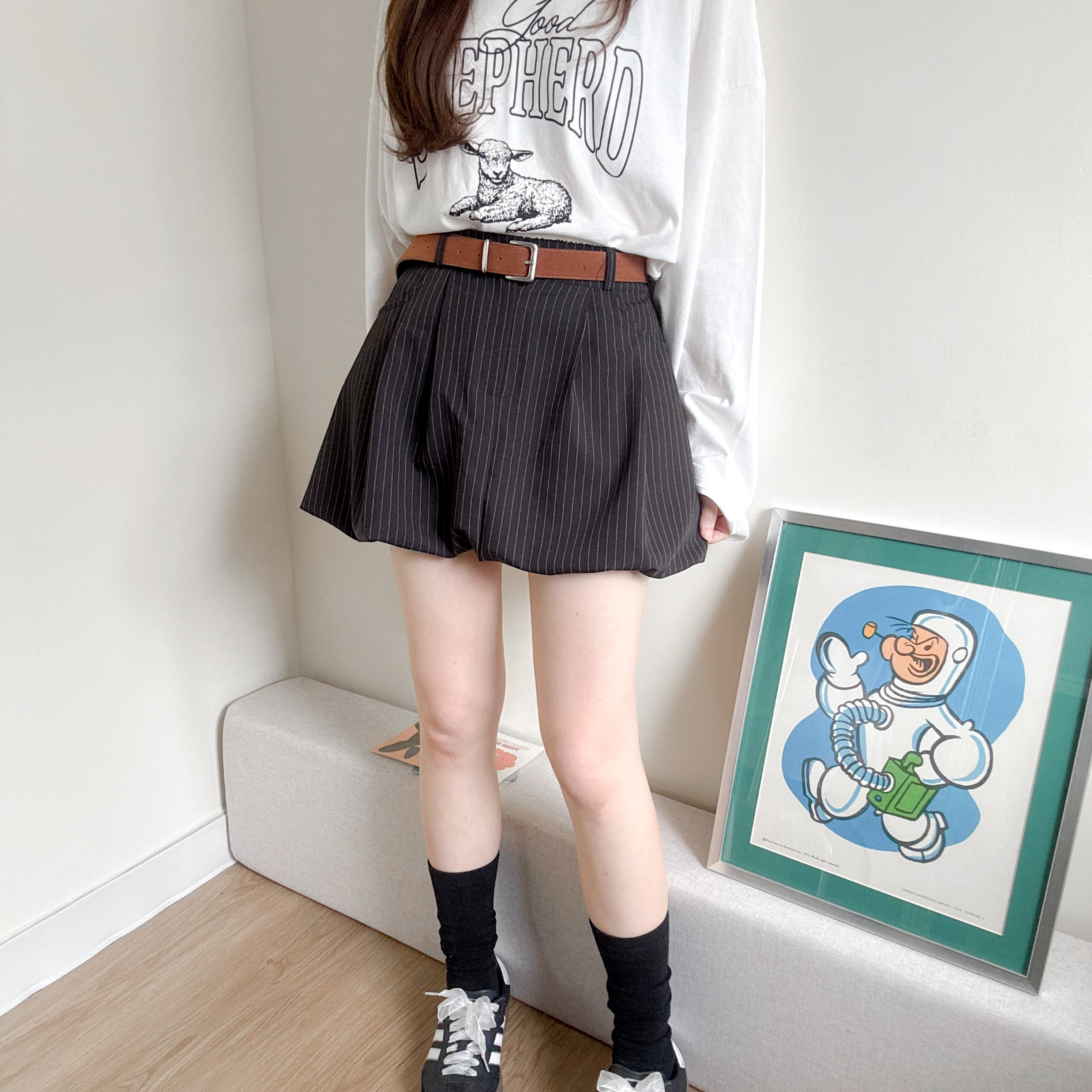 直間條子泡泡裙