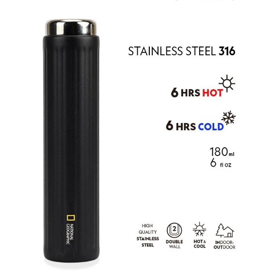 韓版 National Geographic  EX-SLIM 極細雙層不鏽鋼隨行杯 |黑色 180ml（便攜保溫保冷）