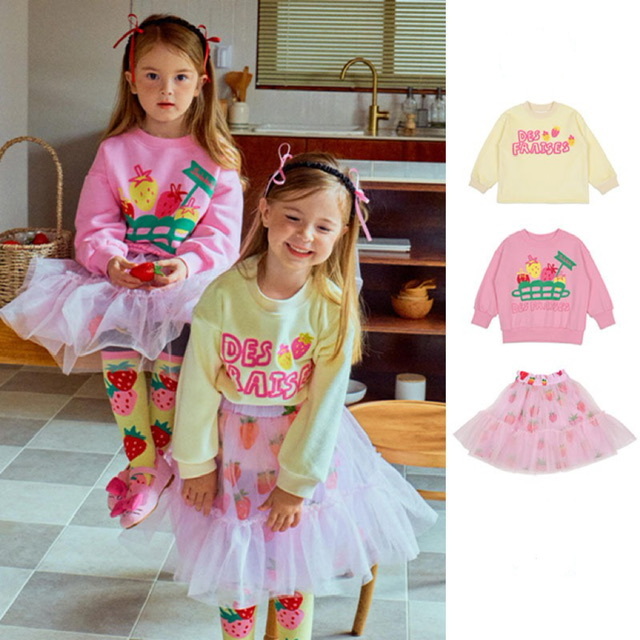 兒童草莓圖案粉系燈芯絨長袖衫配蓬蓬裙套裝 -2502403