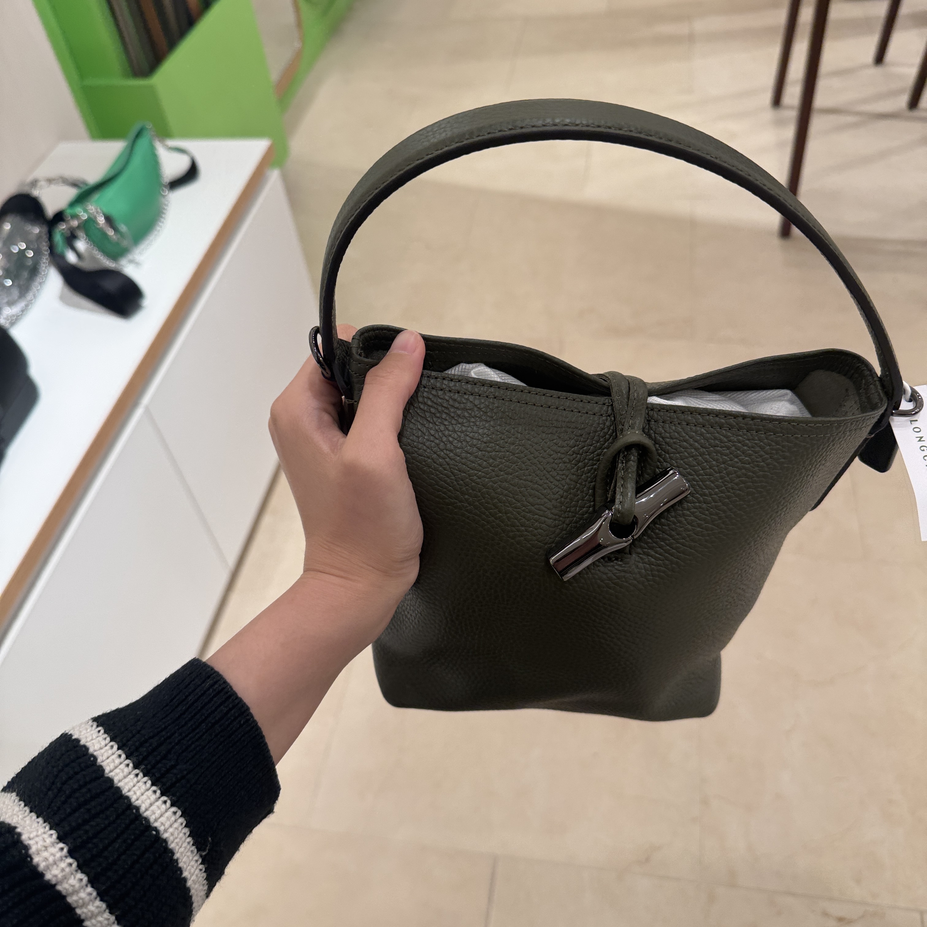 Longchamp Leather bucket Bag Khaki green 10159