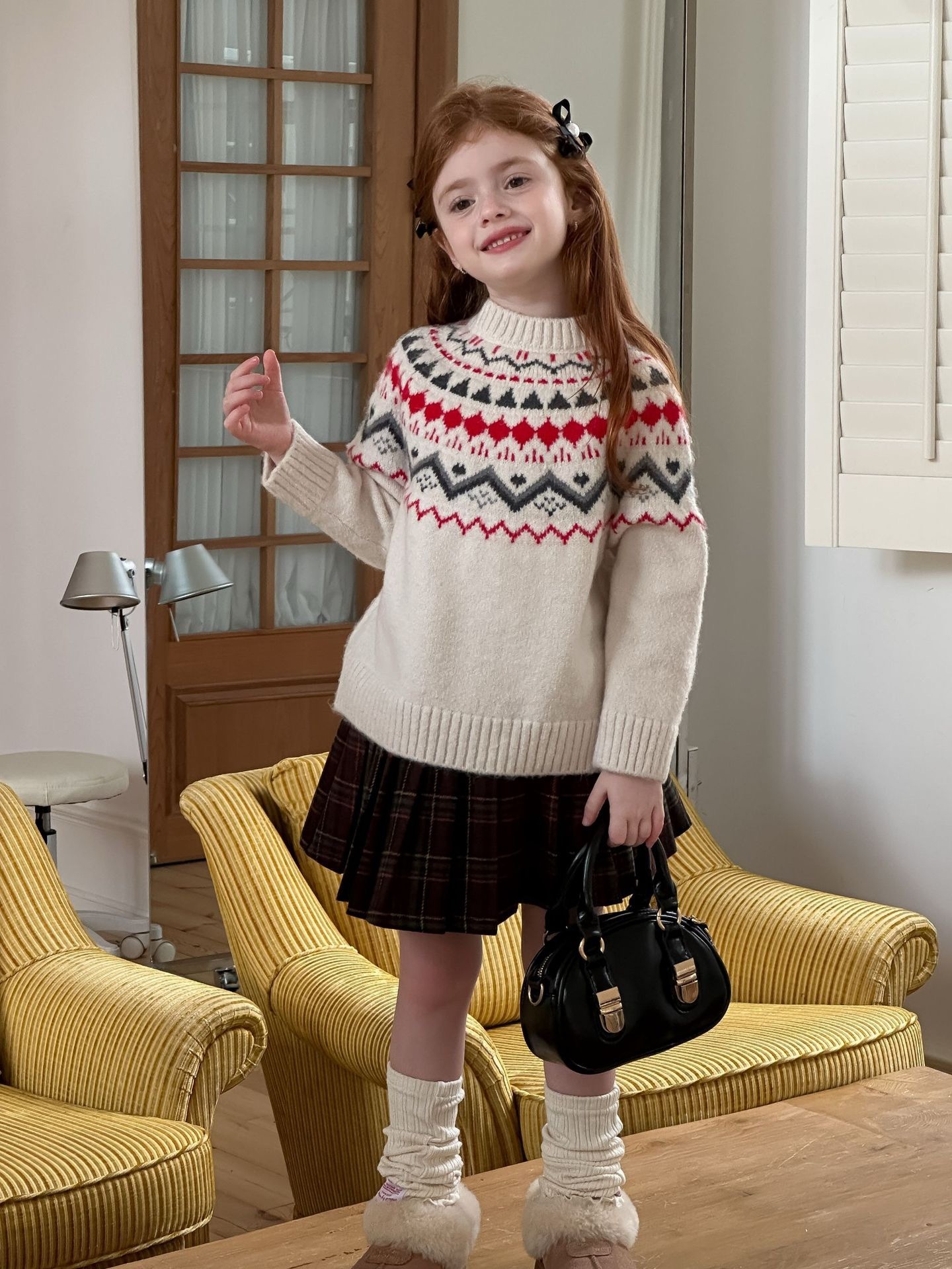 兩色民俗提花加厚針織上衣