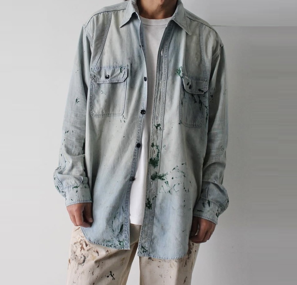 10/4 RELEASE: BOWWOW 2025 A/W PAINT STAINED CHAMBRAY SHIRT VENT HOLES - PRE ORDER ITEM (預訂中)