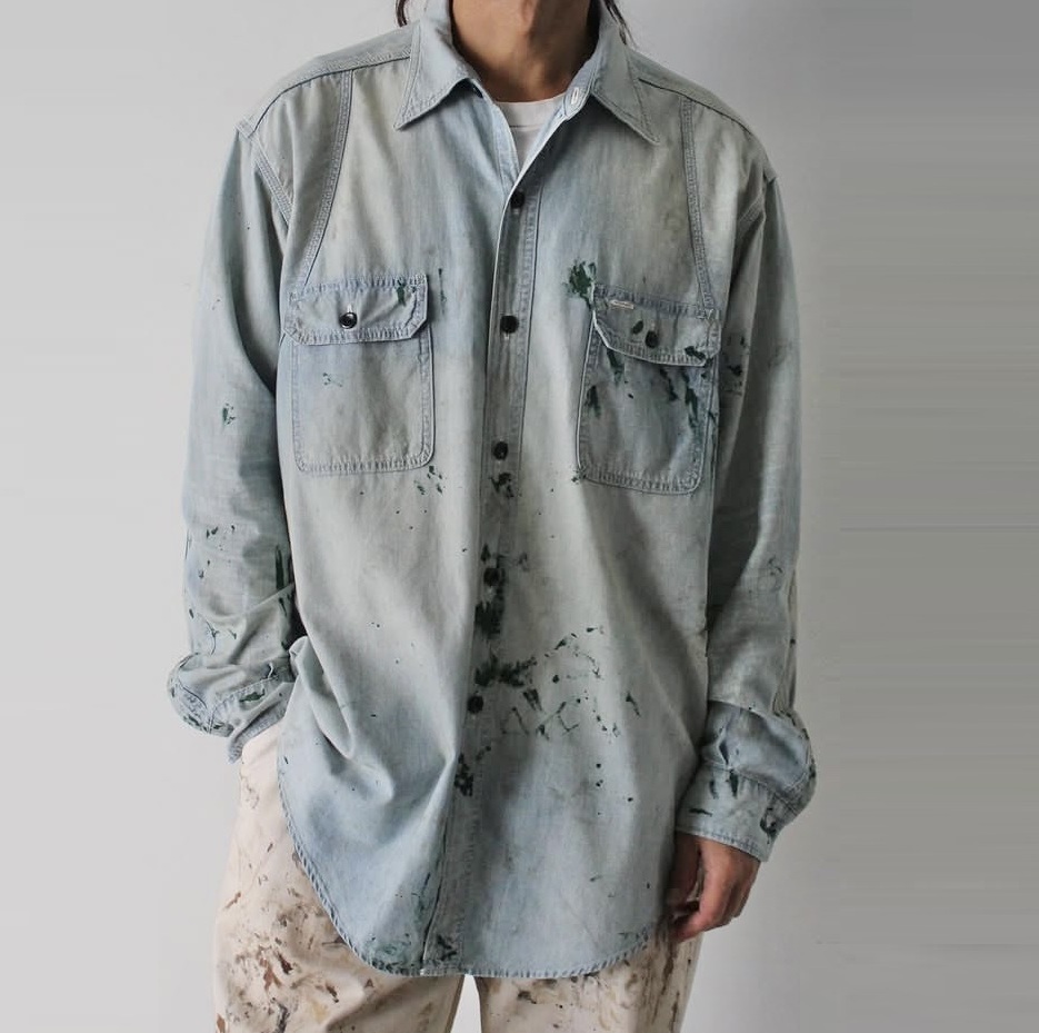 10/4 RELEASE: BOWWOW 2025 A/W PAINT STAINED CHAMBRAY SHIRT VENT HOLES - PRE ORDER ITEM (預訂中)