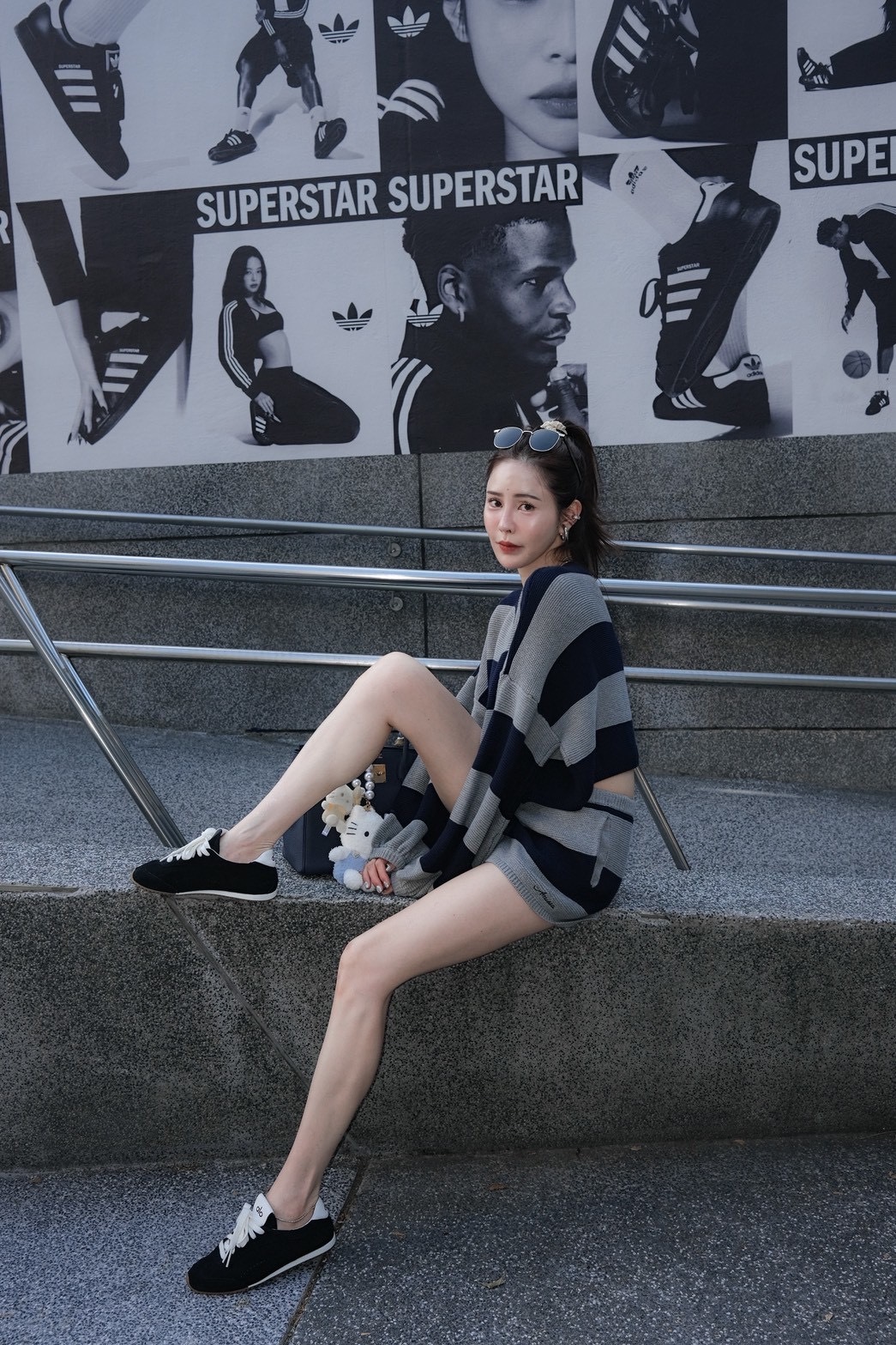 法式品牌刺繡針織套裝_AMISSA（灰藍條）