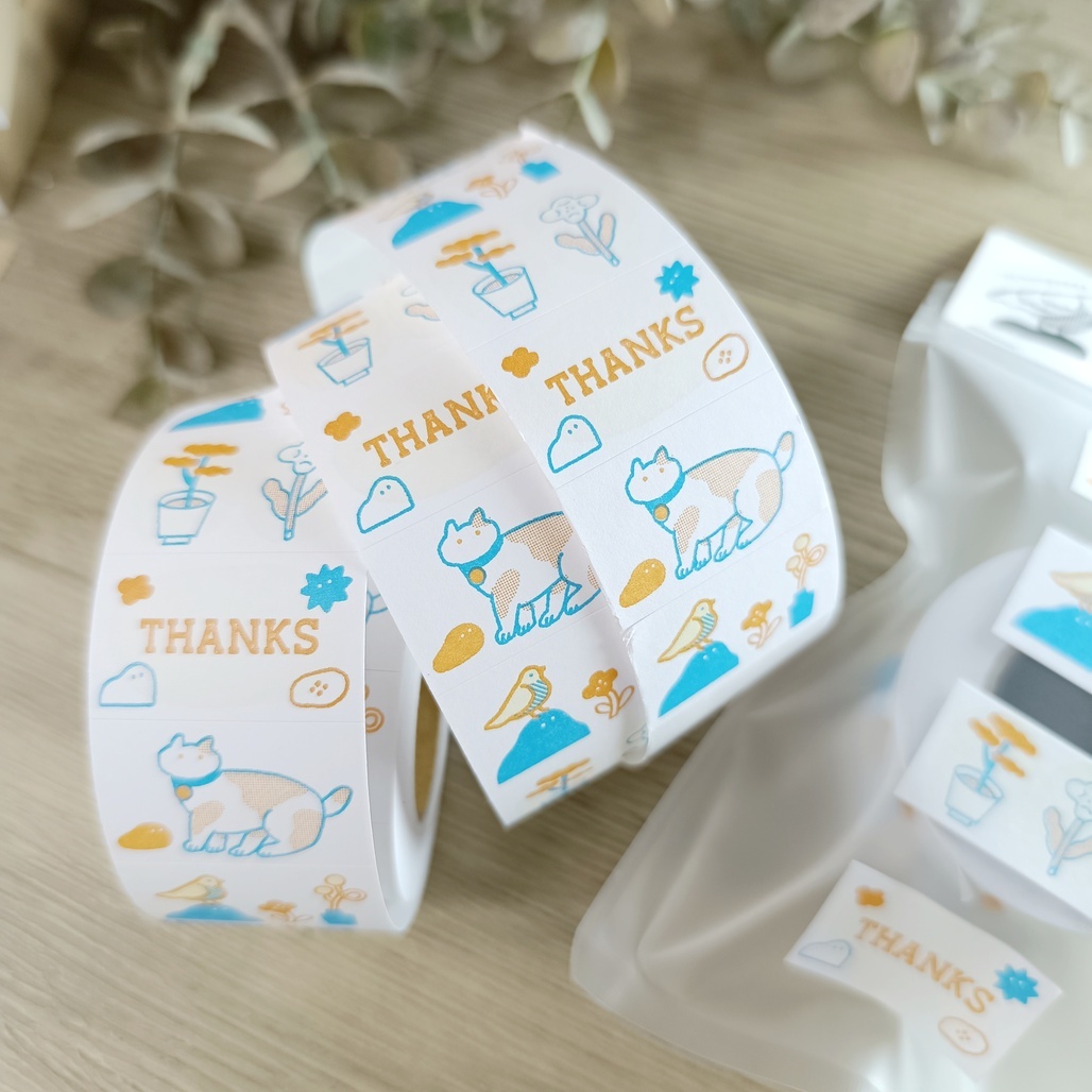 繭花．藍+茶 插畫標籤貼紙 <整捲/分裝>