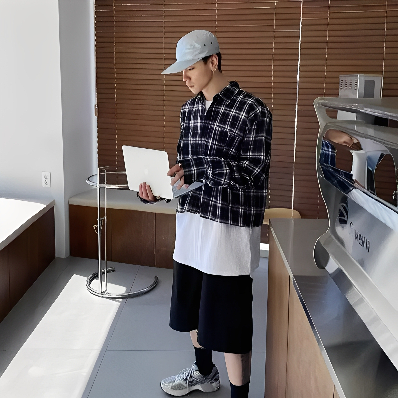 秋冬 格紋 寬短 男女 長袖 襯衫