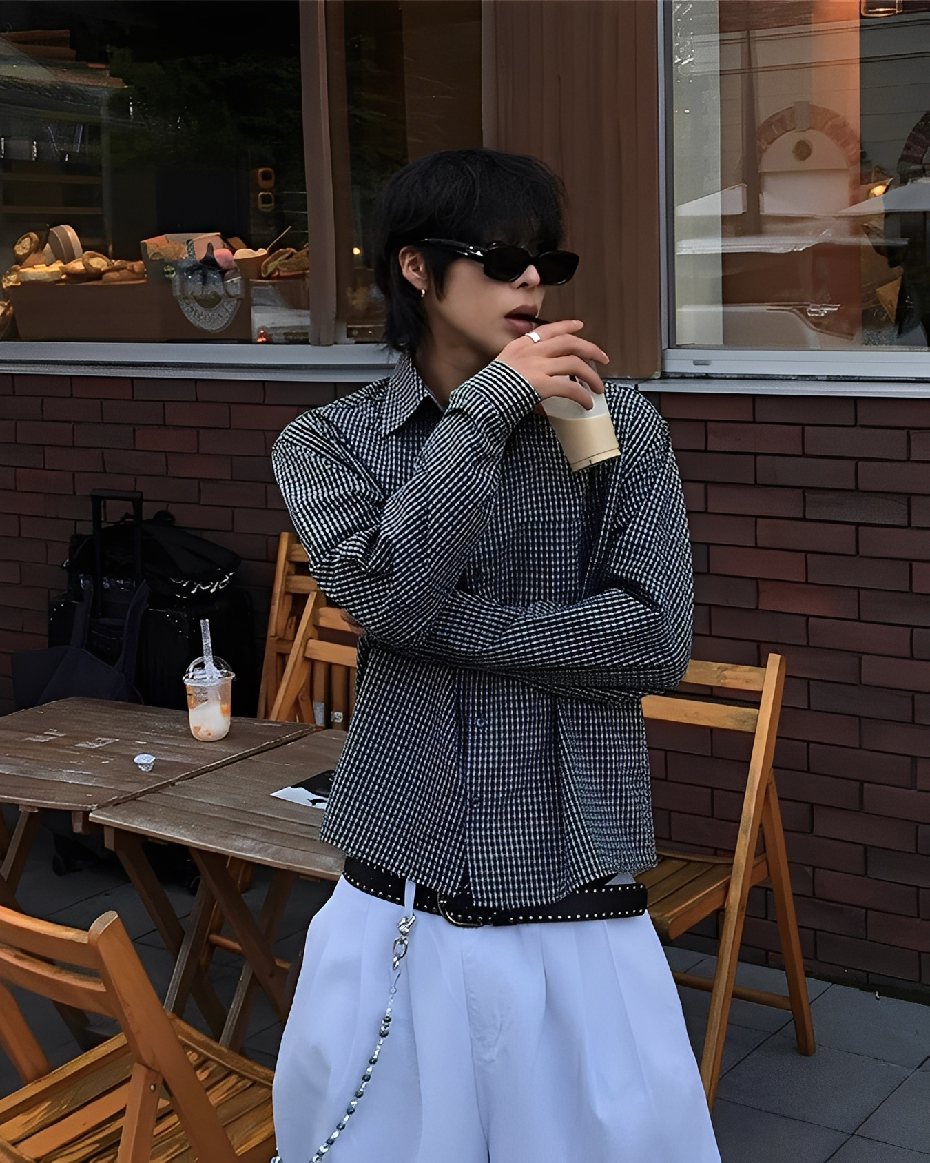 秋冬 復古 格紋 寬短 男女 長袖 襯衫