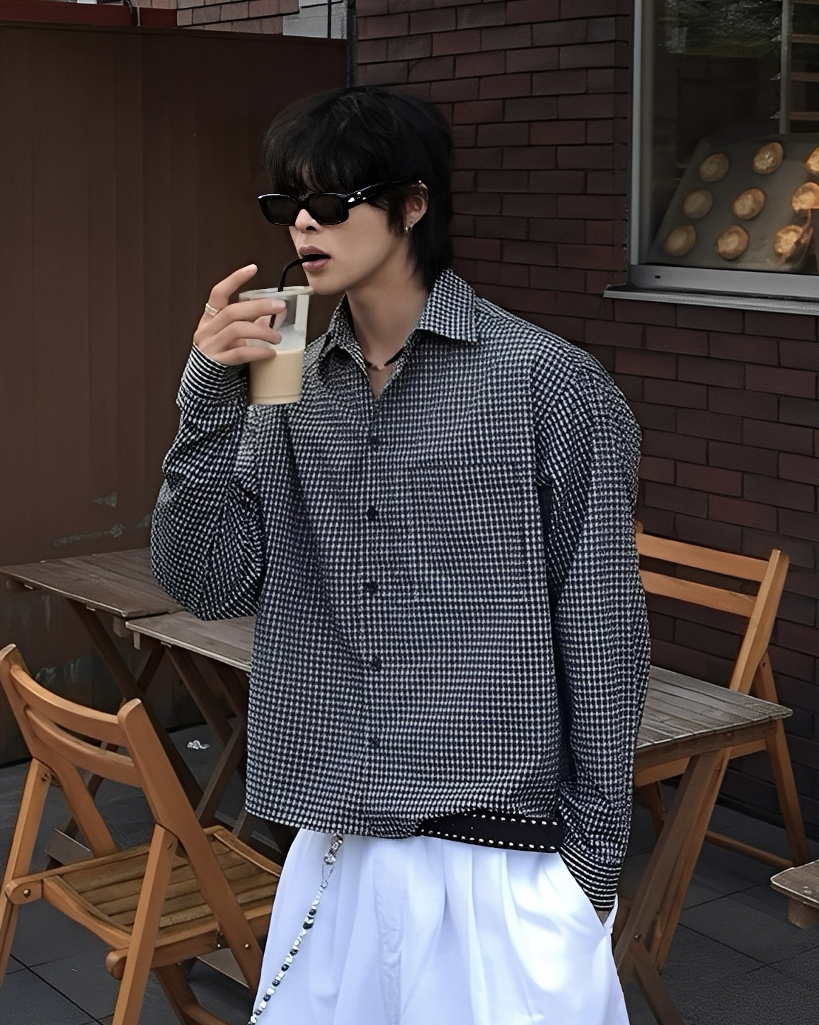 秋冬 復古 格紋 寬短 男女 長袖 襯衫