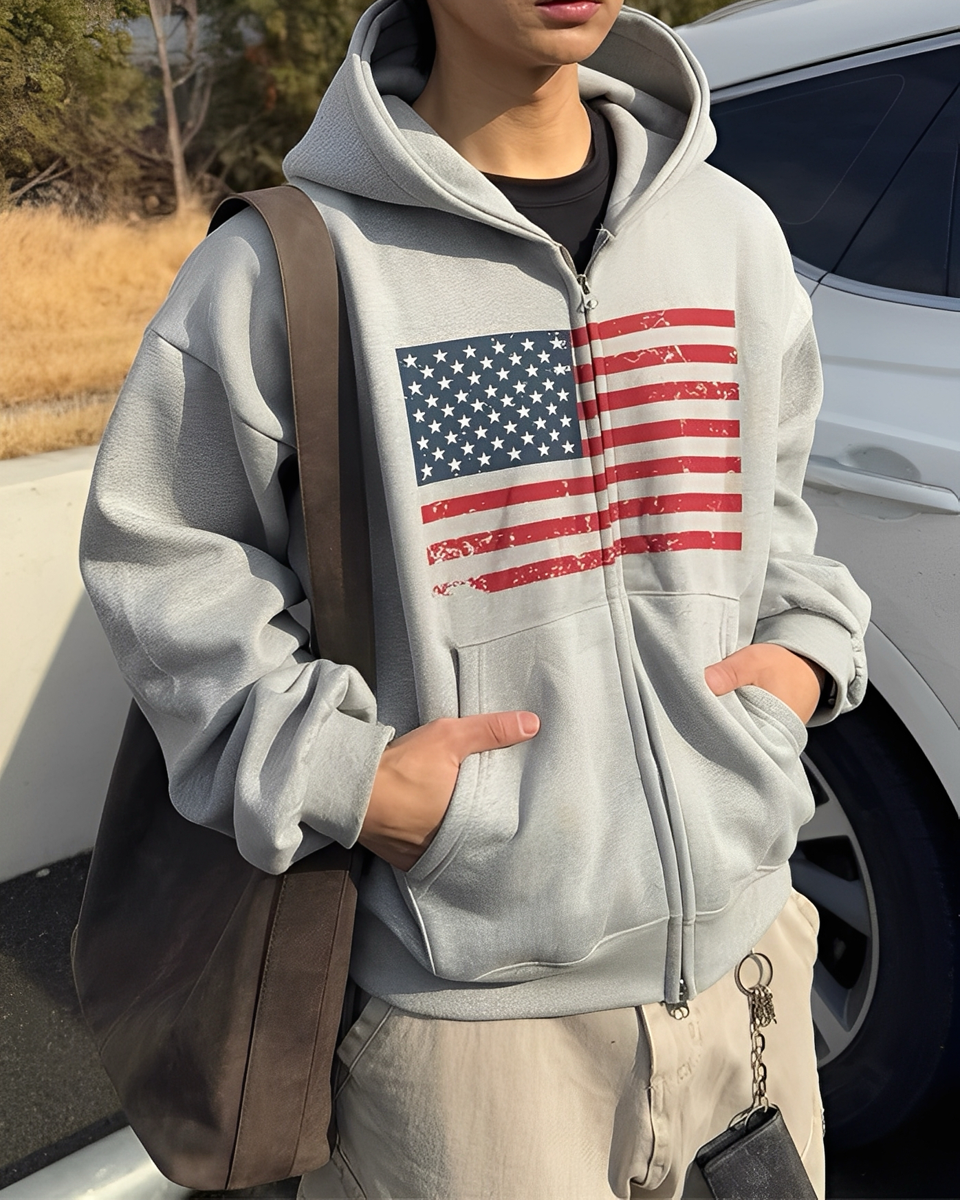 國旗 仿舊 斑駁 雙拉鏈 棉外套