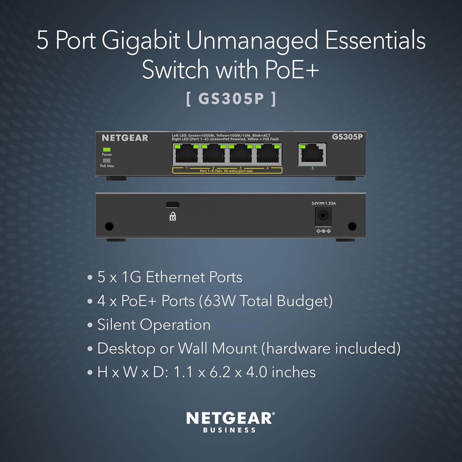 NETGEAR (GS305Pv3) 5埠 千兆非網管PoE 交換機 | 5-Port | 4xPoE+ 63W