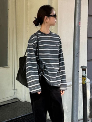 ᴷᴼᴿᴱᴬ 🇰🇷復古圓領拼色條紋長袖上衣(兩色)