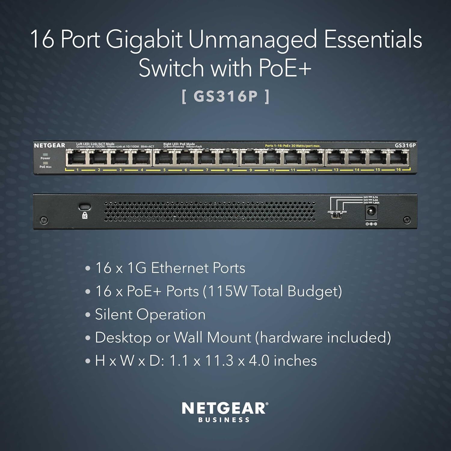 NETGEAR (GS316P) 16埠 千兆非網管PoE+ 交換機 | 16x1G PoE+ 115W | FlexPoE