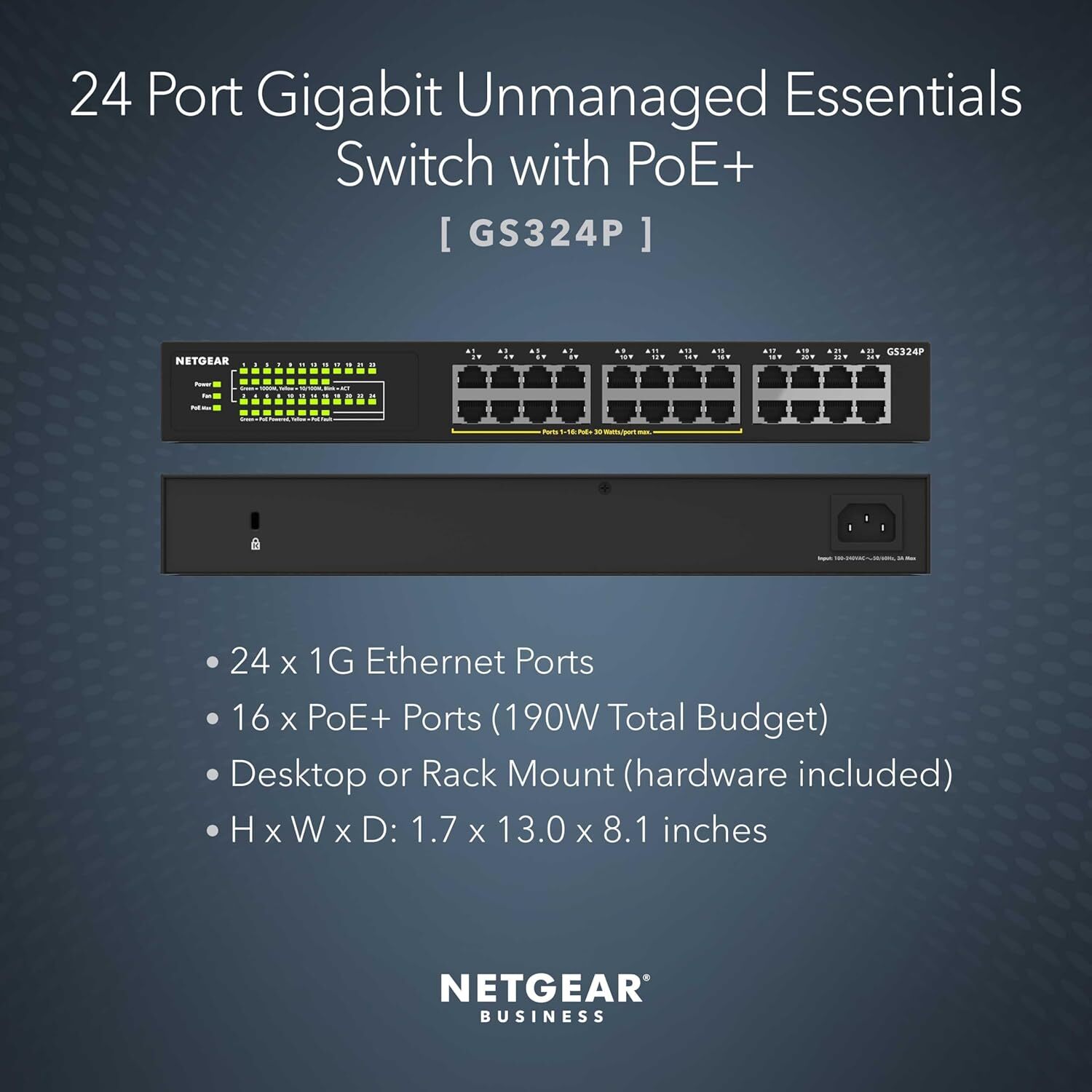 NETGEAR (GS324P) 24埠 千兆非網管PoE+ 交換機 | 16xPoE+ 190W