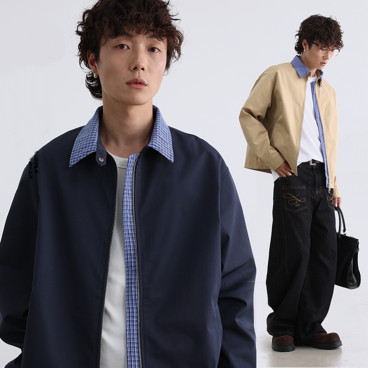 10M31 日系復古感格紋翻領夾克 兩色