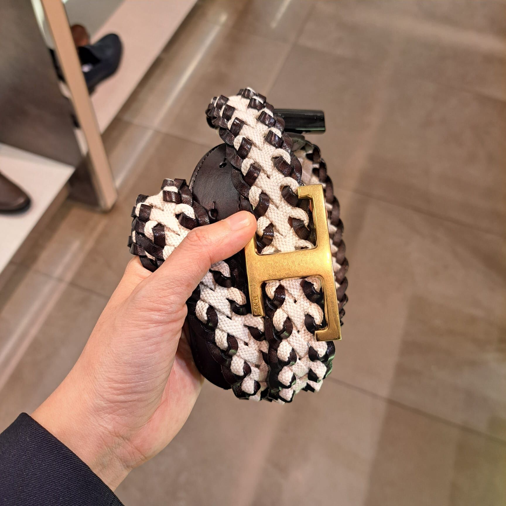 Tods XCWTSI T logo Intrecc belt black and white