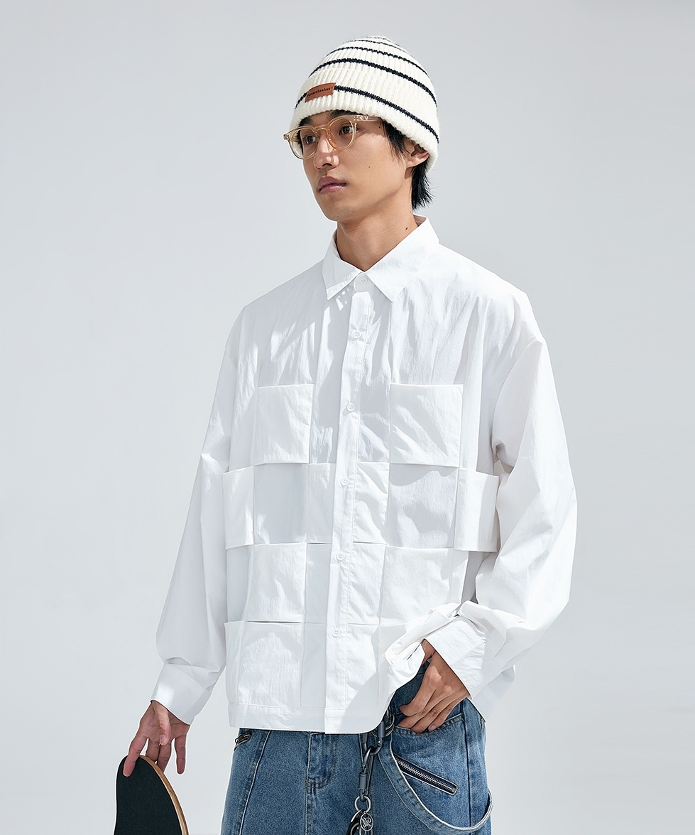 10M30 立體格紋編織感素色襯衫 兩色