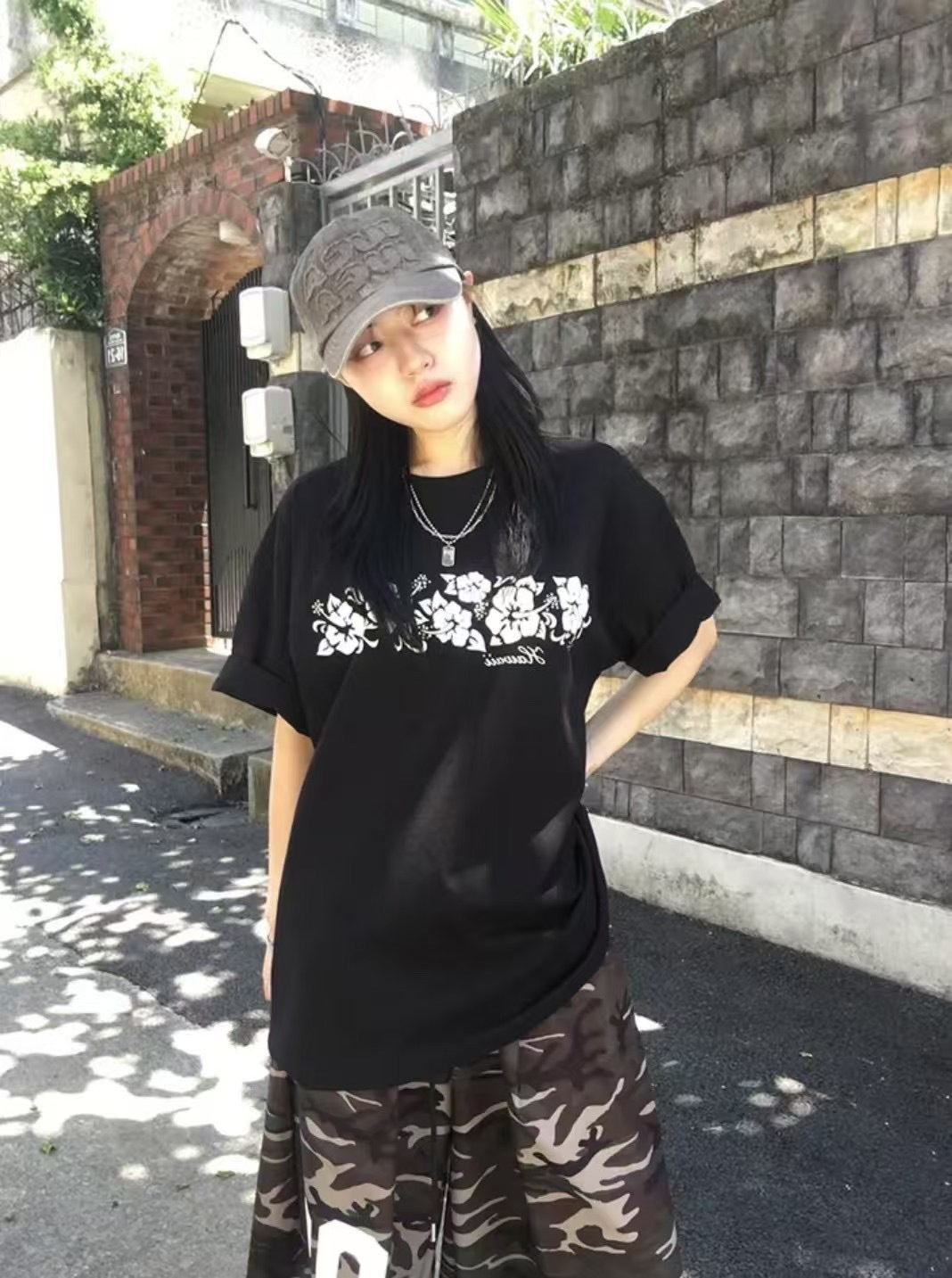 花卉 字體 簡約 寬鬆 短袖