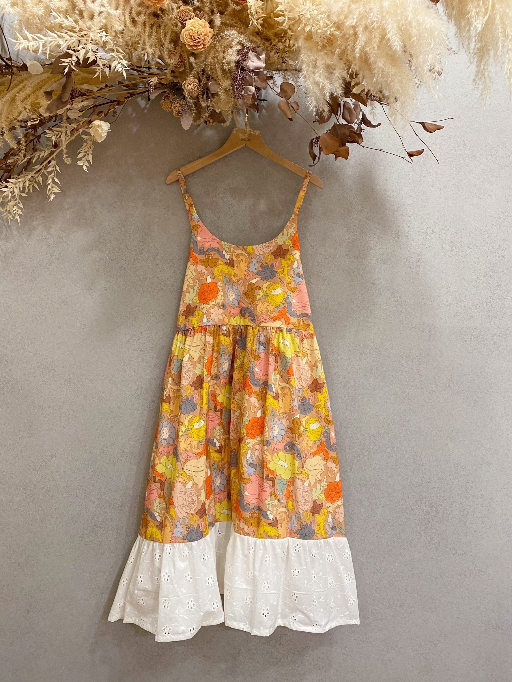 橘復古花卉 媽咪吊帶蛋糕長洋裝