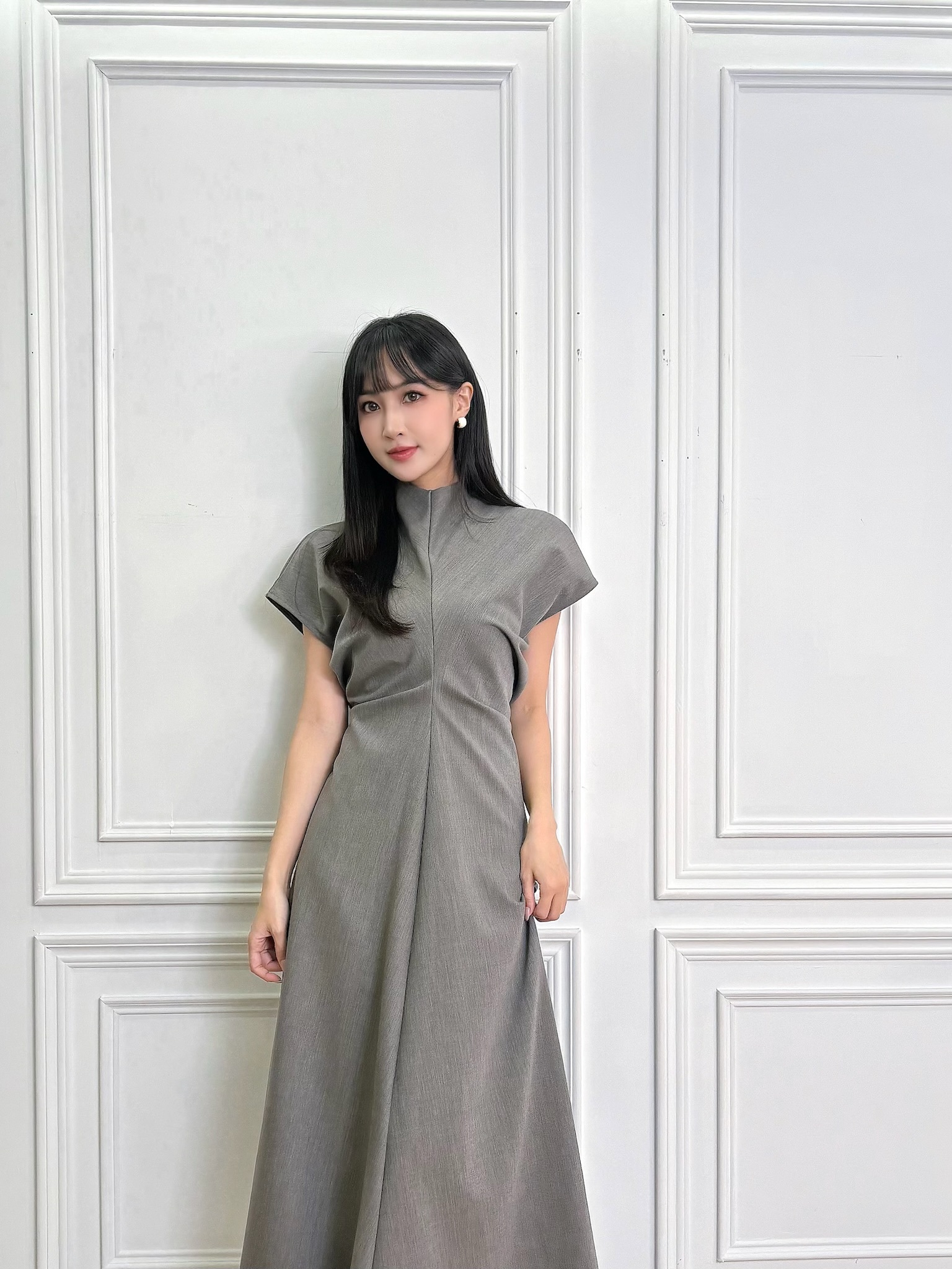 前抓褶織紋短袖傘洋