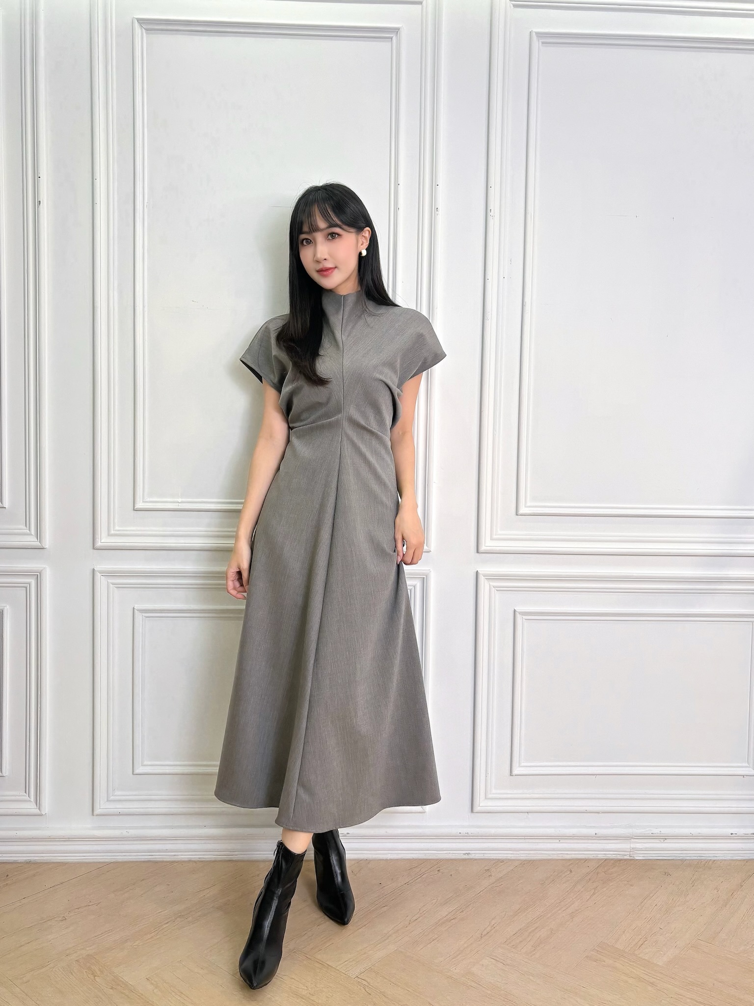 前抓褶織紋短袖傘洋