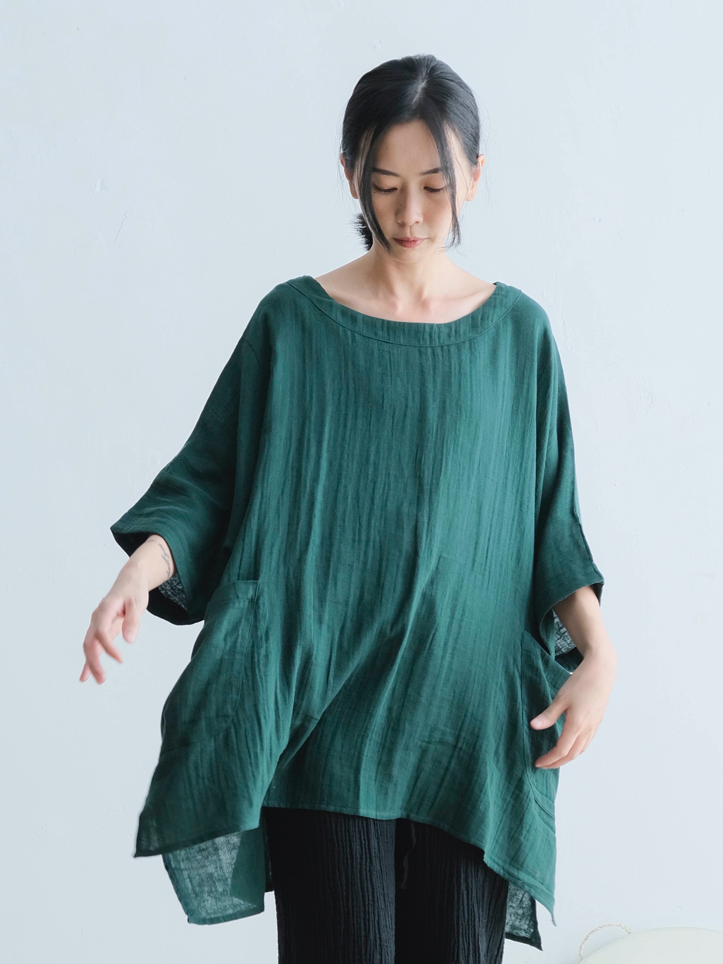 寬版大口袋上衣 / 雙層紗 森綠