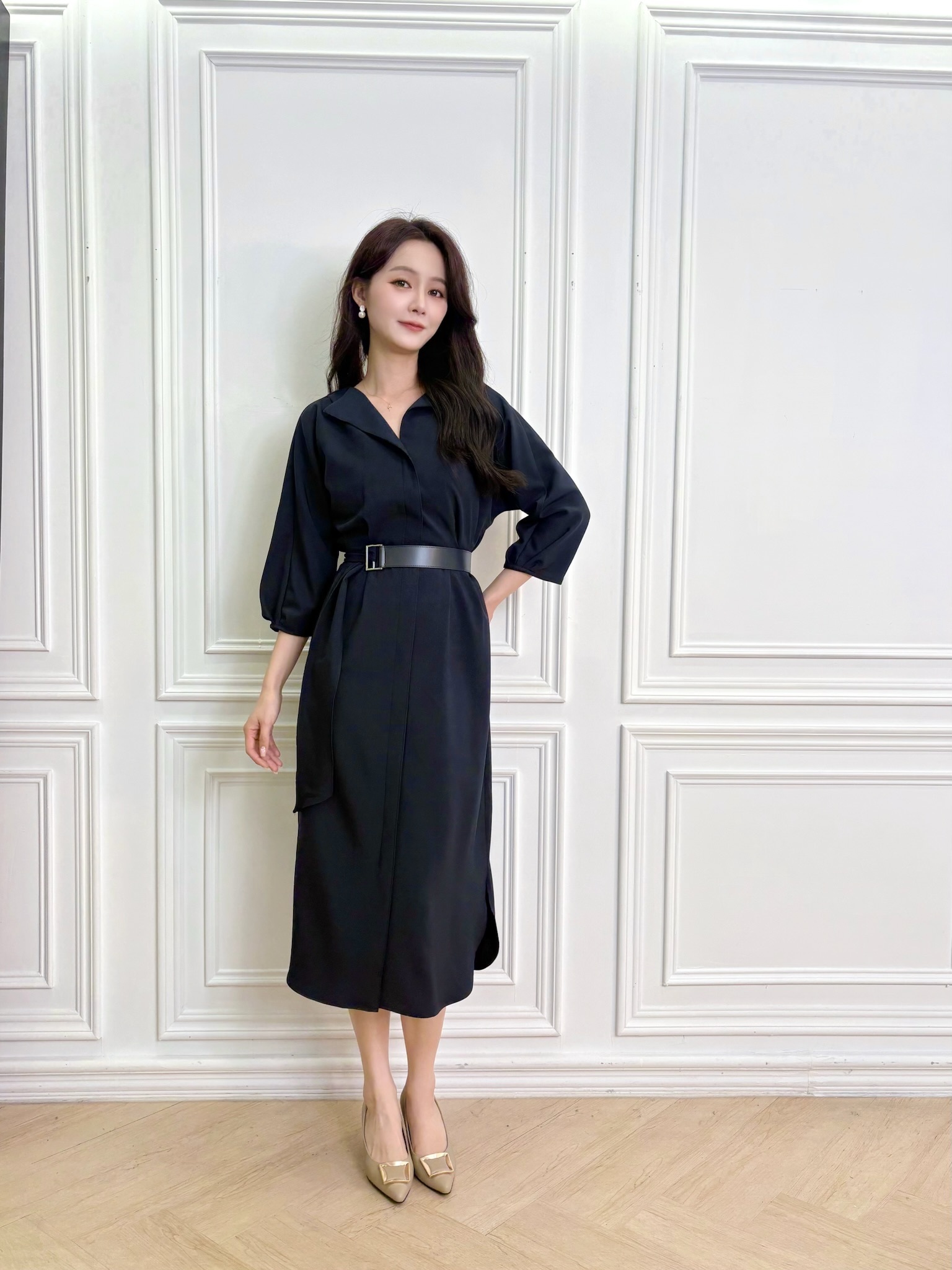 大翻領五分袖腰帶傘洋