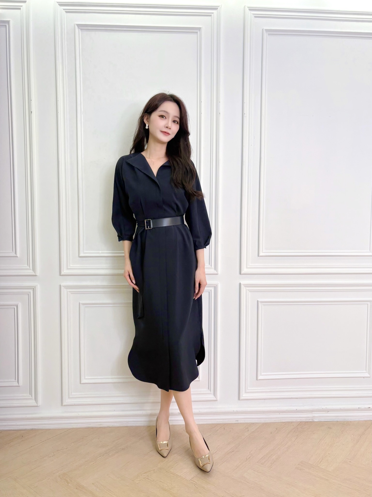 大翻領五分袖腰帶傘洋