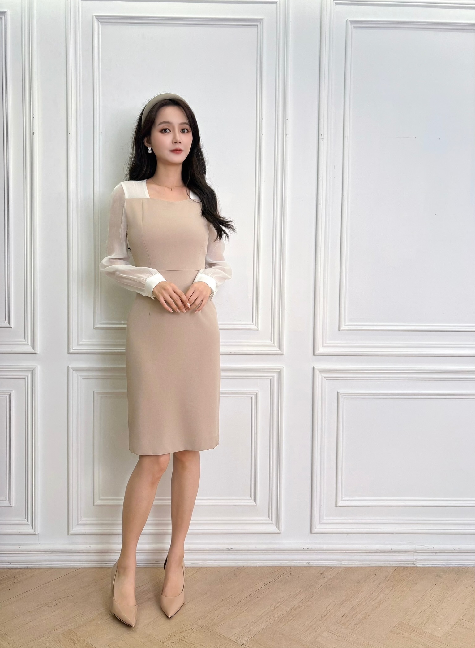 袖透膚拼接合身洋