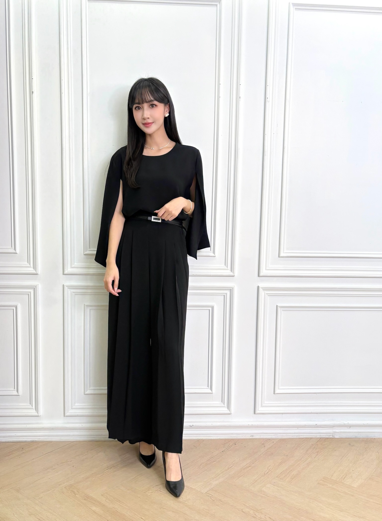 絲滑斗篷上衣+直筒褲套裝