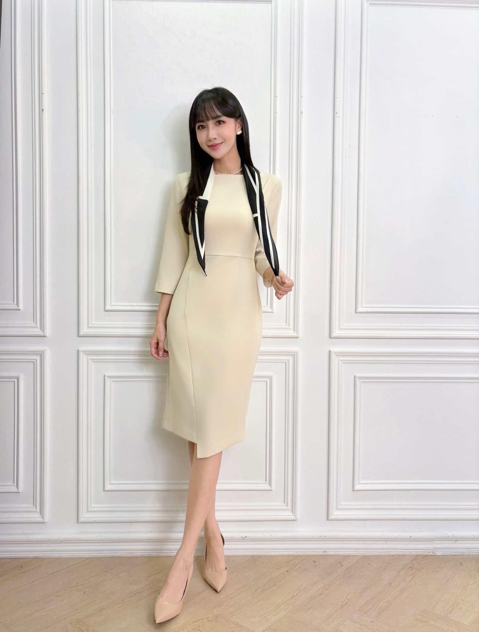 幾何領巾不規則下擺合身洋