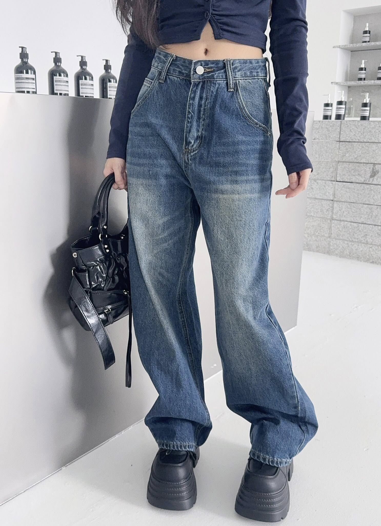 美式復古水洗牛仔寬褲💖