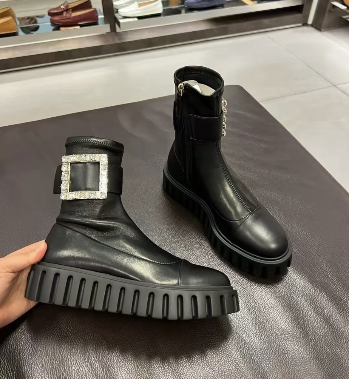 Roger Vivier RV Viv Go Thick strass Buckle Stretch Ankle Boots Black