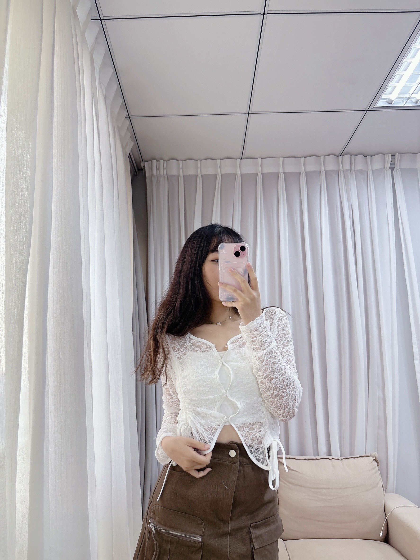 波紋下抽繩透膚上衣