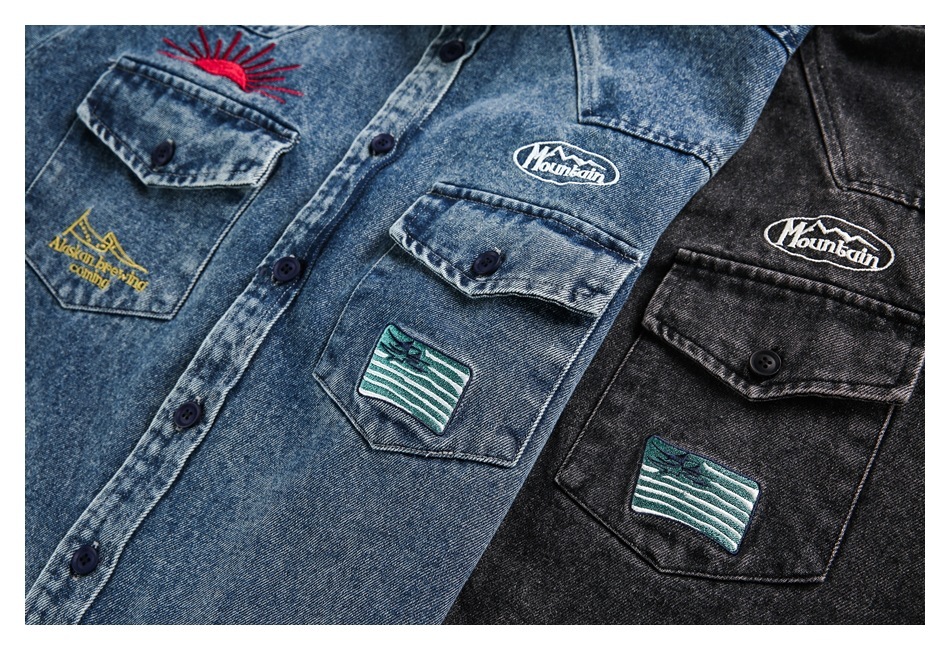 山系元素刺繡牛仔襯衫